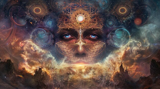 Esotericism A face is shown in a painting with a sun in the center The painting has a dreamy surreal feel to it with a lot of swirling colors and shapes The womans eyes are open and staring