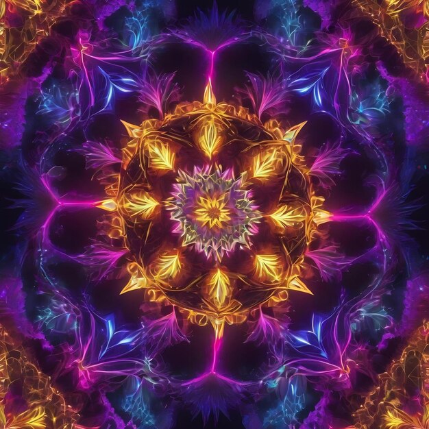 Foto esoteruc magische neon gloeiende geometrische mandala fantasy fractal abstracte achtergrond
