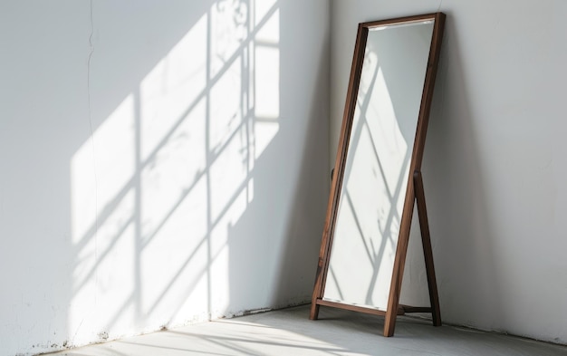 Photo espejo de suelo con marco de madera
