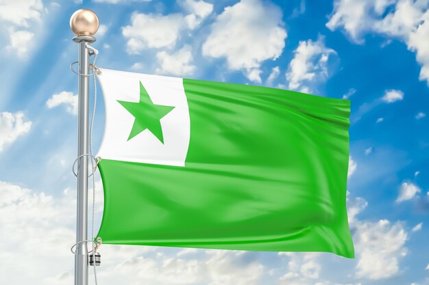 Esperanto flag waving in blue cloudy sky 3D rendering