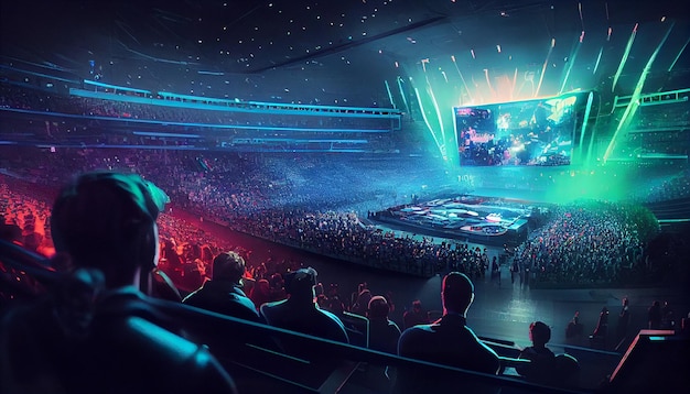 Photo esport event with a lot of people in a stadium watching big screen ai generated image