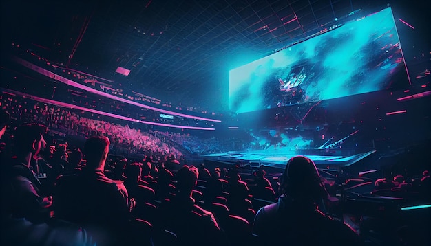 Esport event with a lot of people in a stadium watching big screen Ai generated image