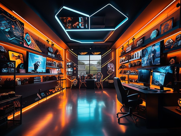 Foto esports merchandise store room boys con scaffali di giochi m illustrazione tendenza decorazione di sfondo