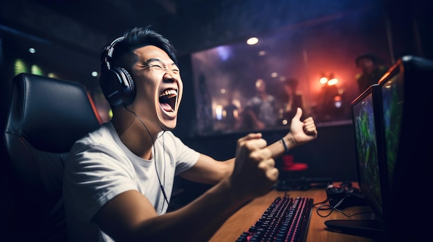 e스포츠 및 온라인 게임 아시아인 남성이 비디오 게임 세션을 라이브 스트리밍합니다.