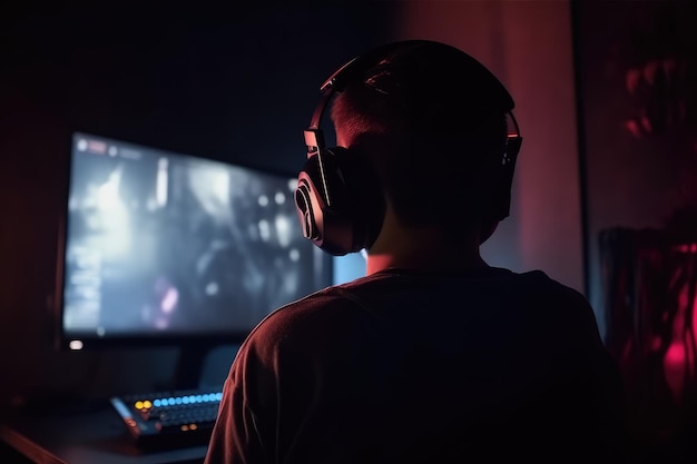 Esports and online gaming back view of man wearing headphones AI generated