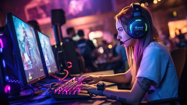 Photo esports and online gaming woman live streaming her video game session