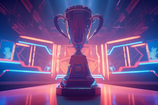 Фото Киберспортивный трофей стоит на неоновом подиуме. компьютерная награда. неоновая лучшая победа. создать искусственный интеллект.