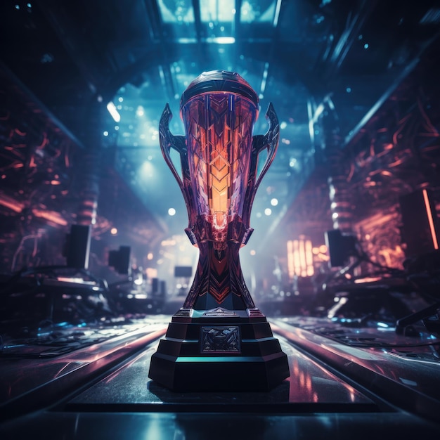 Photo esports winner trophy standing on a stage in the middle of the computer video games championship are