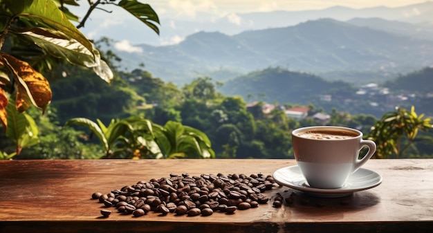 espresso and beans against background of coffee plantation International Coffee Day Generative AI