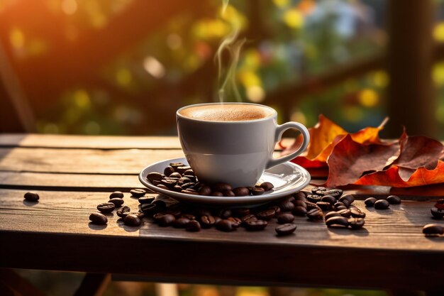 Espresso Coffee Cup With Beans On Vintage Table