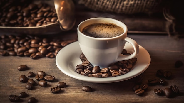 Espresso Coffee Cup With Beans On Vintage Table