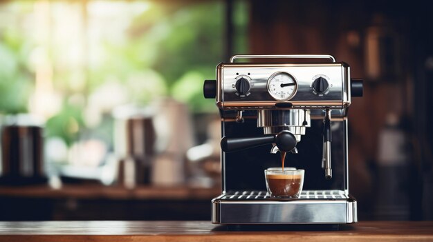 Espresso coffee machine on a wooden table blur