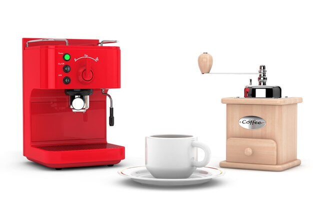 Espresso Coffee Making Machine with Wooden Coffee Mill and Cup on a white background. 3d rendering