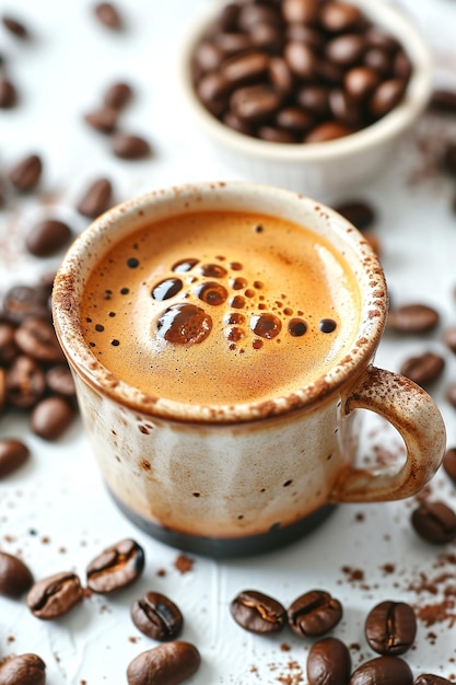 Photo espresso coffee mug over roasted coffee beans white background