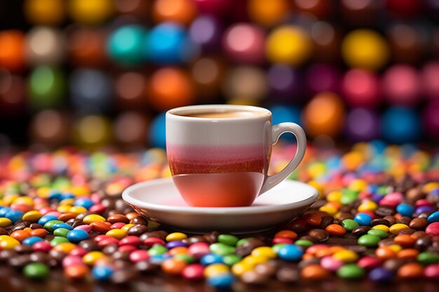 Foto una tazza di espresso sullo sfondo di colorati chicchi di caffè