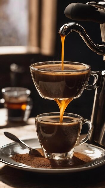 espresso on a dark background the steam rises above the coffee