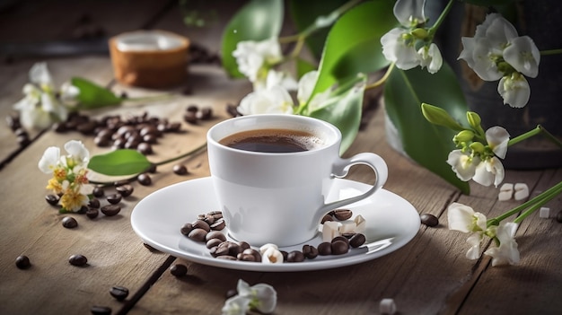 Espresso koffiekopje met bonen op een rustieke witte houten tafel met lentebloemen