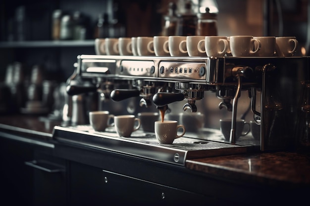 Espresso machine dispenses coffee into cups on stainless steel espressor with Generative AI