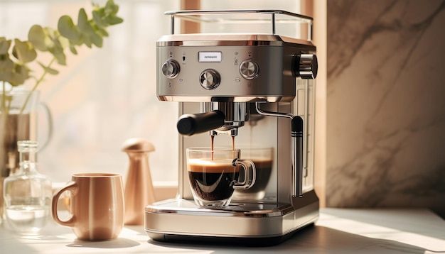 Foto macchina per l'espresso in una cucina con una tazza bianca
