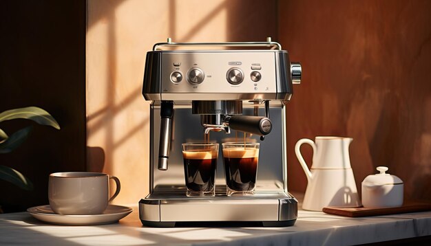 Photo espresso machine in a kitchen setting with a white cup