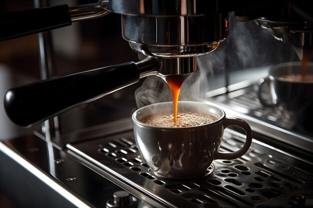 에스프레소 머신이 컵 근접 촬영에 신선한 블랙 커피를 붓는다 Generative AI