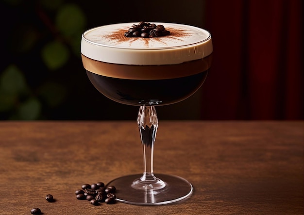 Espresso Martini cocktailglas met koffiebonen op een houten bartafelAI Generative