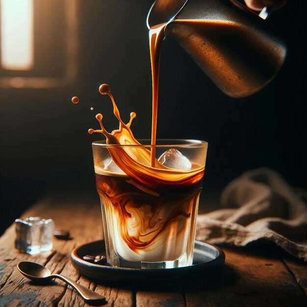 Espresso Pour Swirl in Iced Coffee Rustic Warm Ambiance