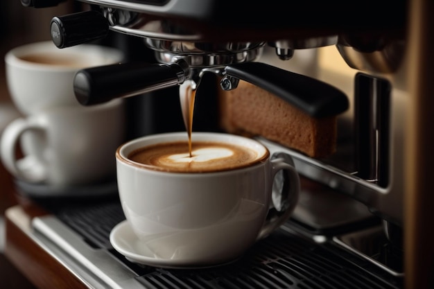 Espresso pouring from the coffee machine at cafe