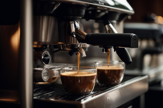 カフェのコーヒーマシンからエスプレッソを注ぐ