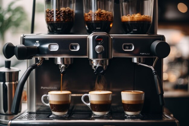 カフェのコーヒーマシンからエスプレッソを注ぐ