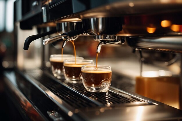 Espresso pouring from the coffee machine at cafe