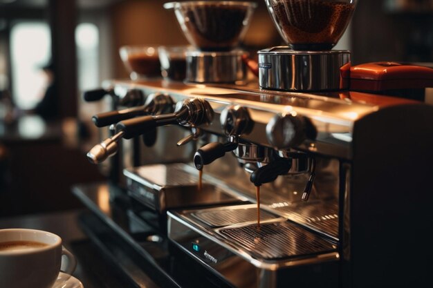 Эспрессо выливается из кофейной машины в кафе.