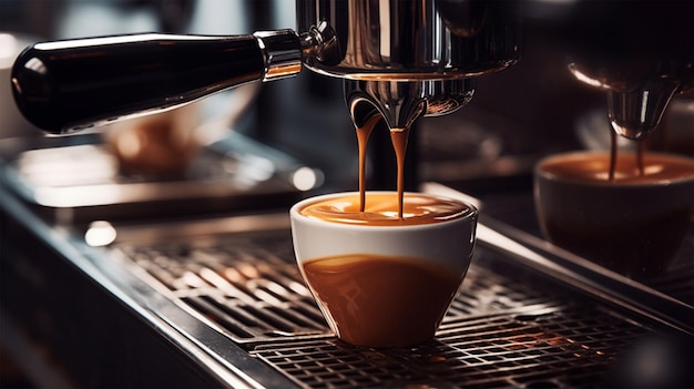 Photo espresso pouring from coffee machine generative ai