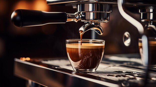 Photo espresso pouring from coffee machine generative ai