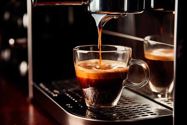 Espresso pouring into a clear glass from a machine