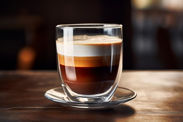 Photo espresso served in a transparent cup showing off the layers of the drink