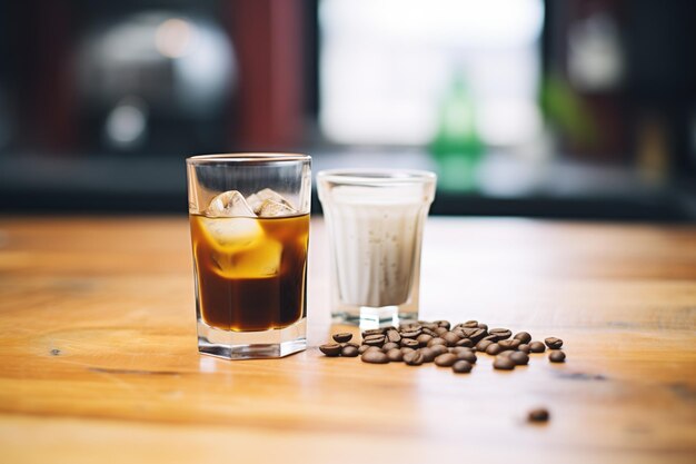 Espresso shot next to a cold brew coffee