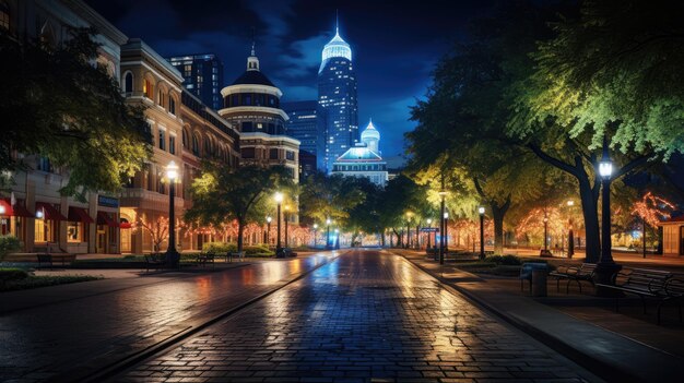 essence of the city after dark where the town square transforms into a luminous urban oasis