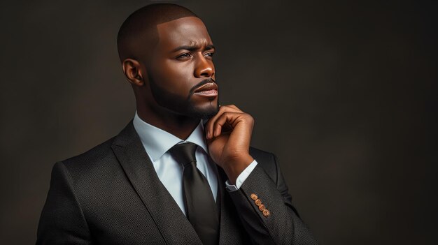 essence of corporate concentration as an African American businessman in a classic suit touches his temples in a thoughtful pose against a gray backdrop