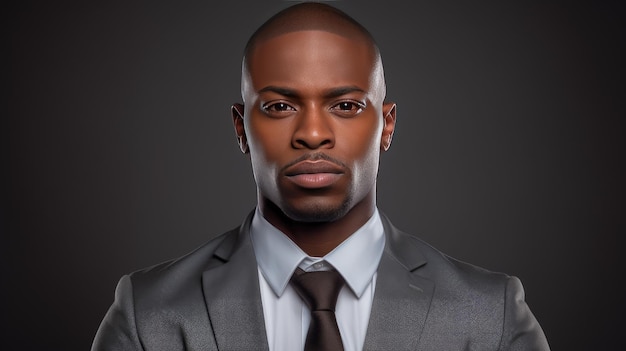アフリカ系アメリカ人のビジネスマンがクラシックなスーツを着て灰色の背景に身を寄せて身を寄せる