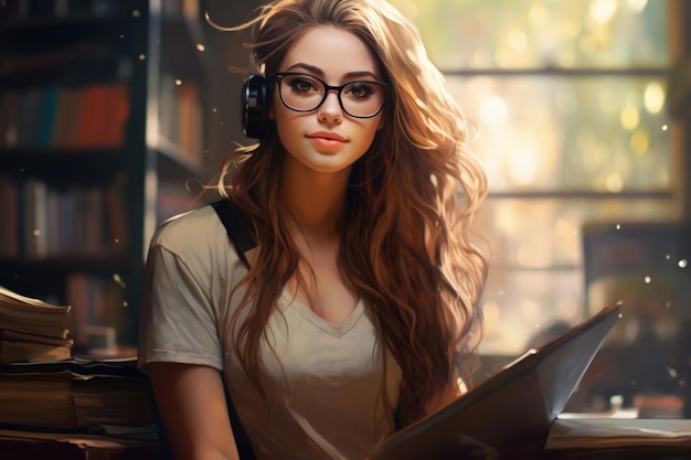 The essence of a library a studious girl nerd chic and captivating lost in a world of words exploring the vast realms of literature