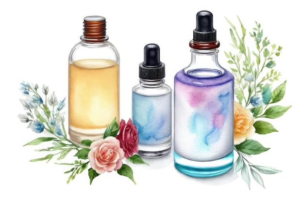 essence oil bottles in watercolor natural skin care homemade spa beauty treatment recipe