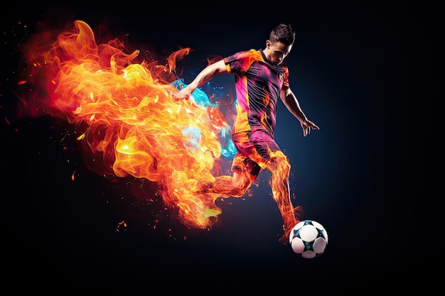 the essence of a soccer player in motion as they kick a ball with intense energy surrounded by vibrant colors and splashes