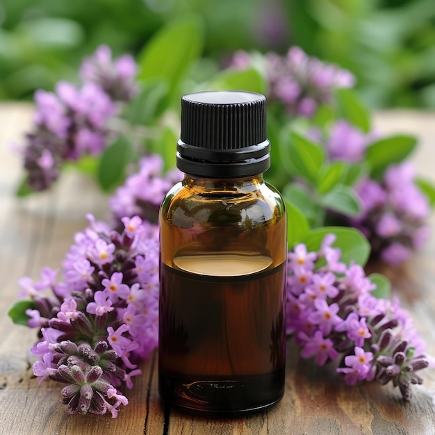 Essential Aromatic oil in brown bottle and lavender blooming flowers natural remedies aromatherapy naturopathy concepts