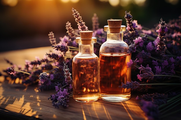 Foto olio essenziale aromatico e fiori di lavanda rimedi naturali aromaterapia