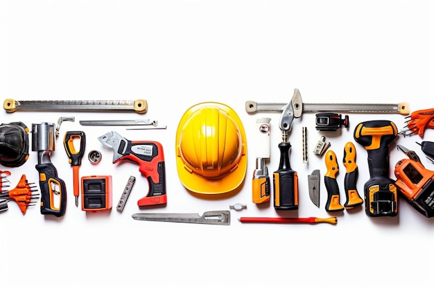 Основные инструменты и материалы для строительства и ремонта на белом столе Парад энтузиастов строительства