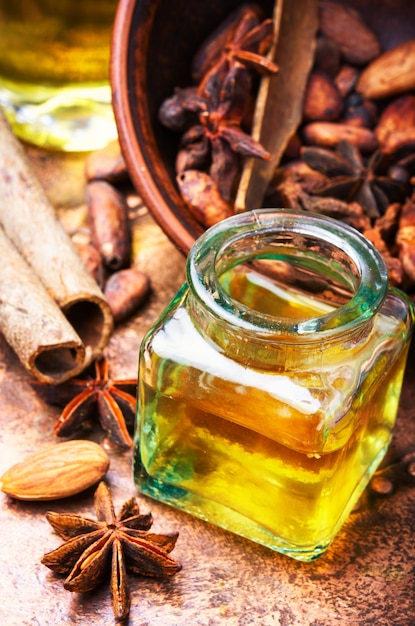 Essential cinnamon oil in bottle