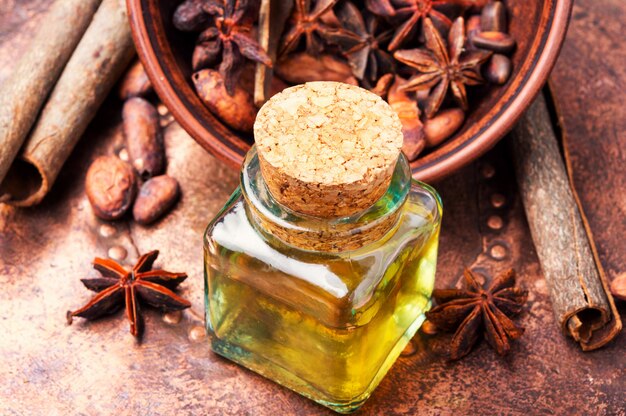 Essential cinnamon oil in bottle