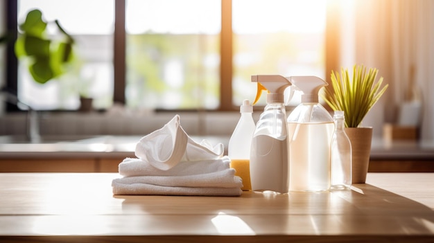 Essential Cleaning Supplies on Kitchen Counter in Sunlight