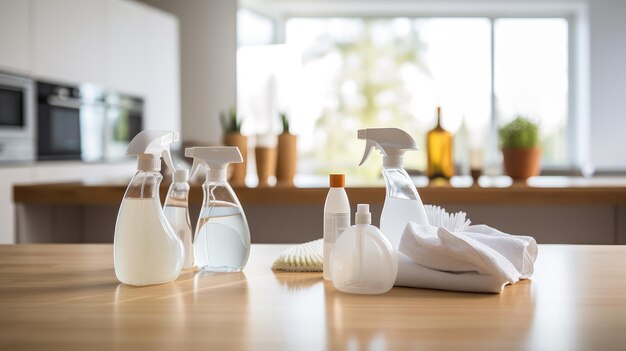 Foto materiali di pulizia essenziali sul bancone della cucina alla luce solare